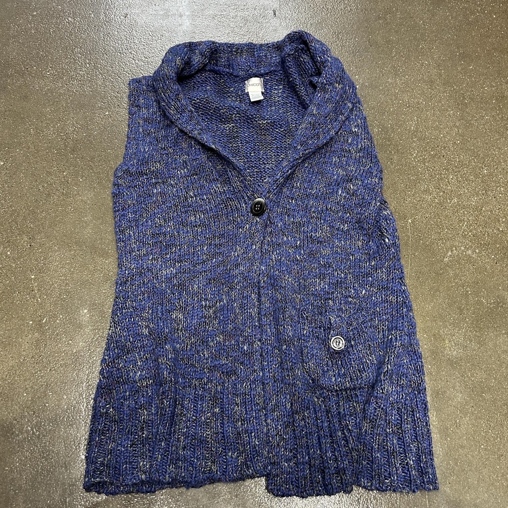 Chicos Sweater Vest Womens Size 2‎ Blue Shawl Collar Button Front Pocket Knit